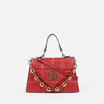 Carlton London red sling bag with quilting detail and chain strap.