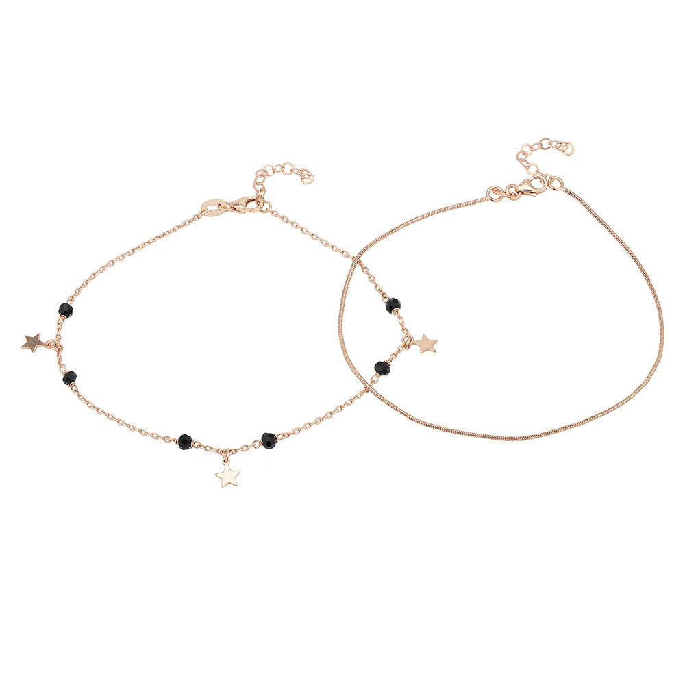 Carlton London Rose Gold-Plated Set Of 2 Black Beads Star Shape Anklet For Women