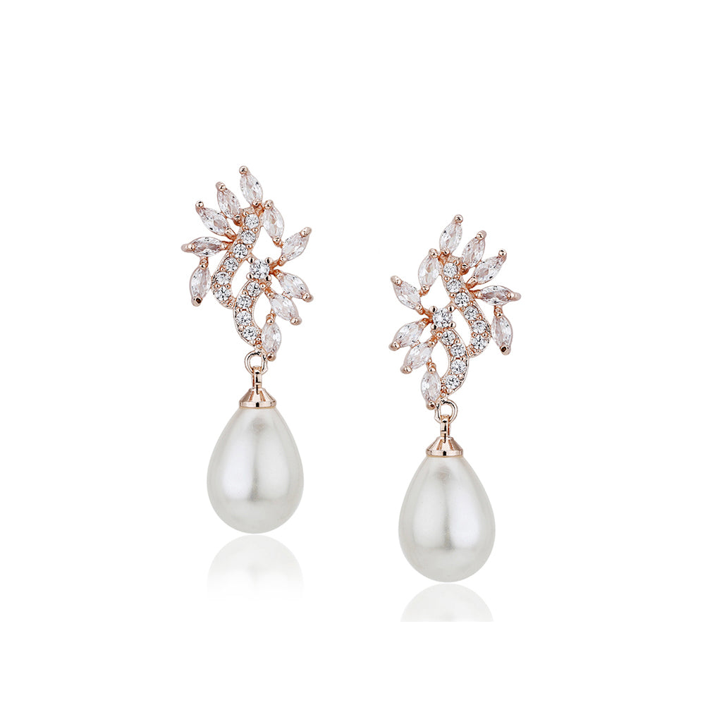 Carlton London Premium Jwlry-Rose Gold &amp; White Toned Pearls Studded Rose Gold-Plated Contemporary Handcrafted Drop Earrings Fje4113