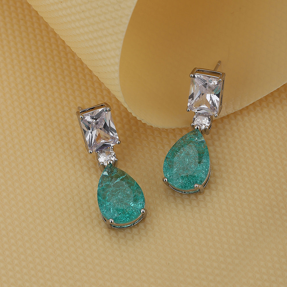 Carlton London Premium Jwlry-Silver &amp; Turquoise Toned Crystals Studded Rhodium-Plated Teardrop Shaped Handcrafted Drop Earrings Fje4115