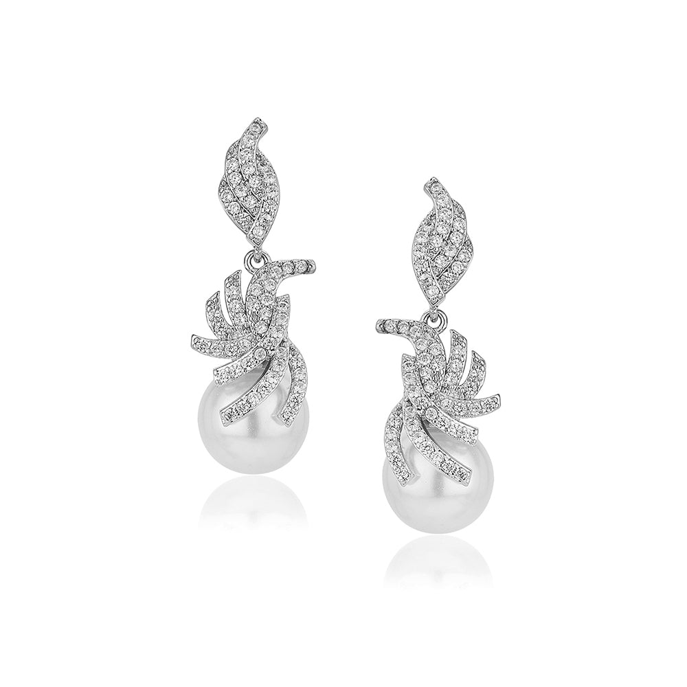 Carlton London Premium Jwlry-Silver &amp; White Toned Pearls Studded Rhodium-Plated Contemporary Handcrafted Drop Earrings Fje4118