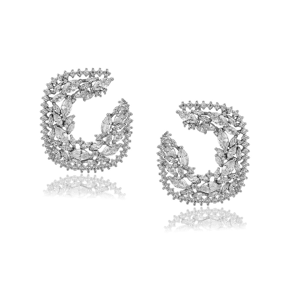 Carlton London Premium Jwlry-Silver Toned Cz Studded Rhodium-Plated Square Handcrafted Studs Earrings Fje4133