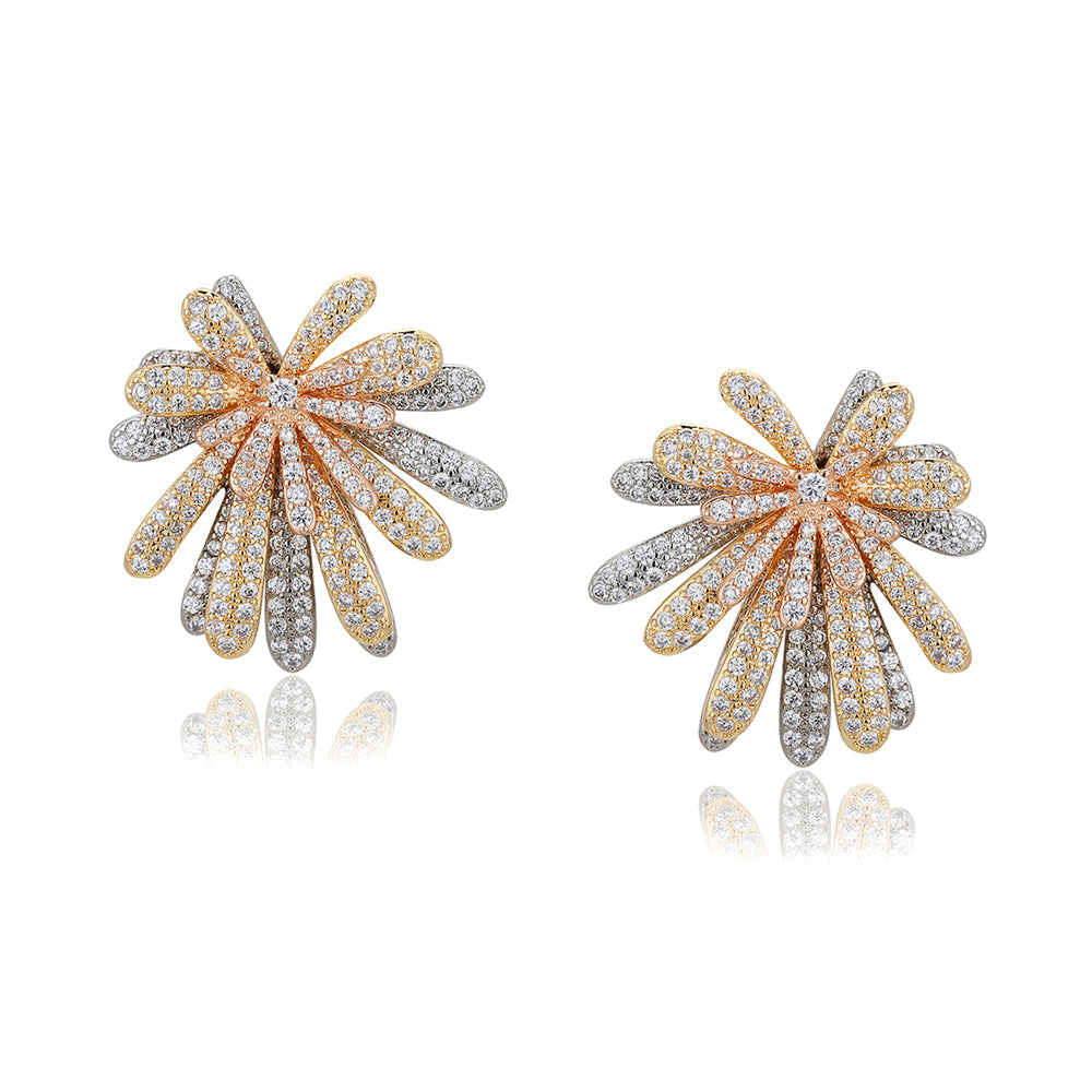 Carlton London Premium Jwlry-Gold &amp; Silver Toned Cz Studded Gold-Plated Floral Handcrafted Studs Earrings Fje4143