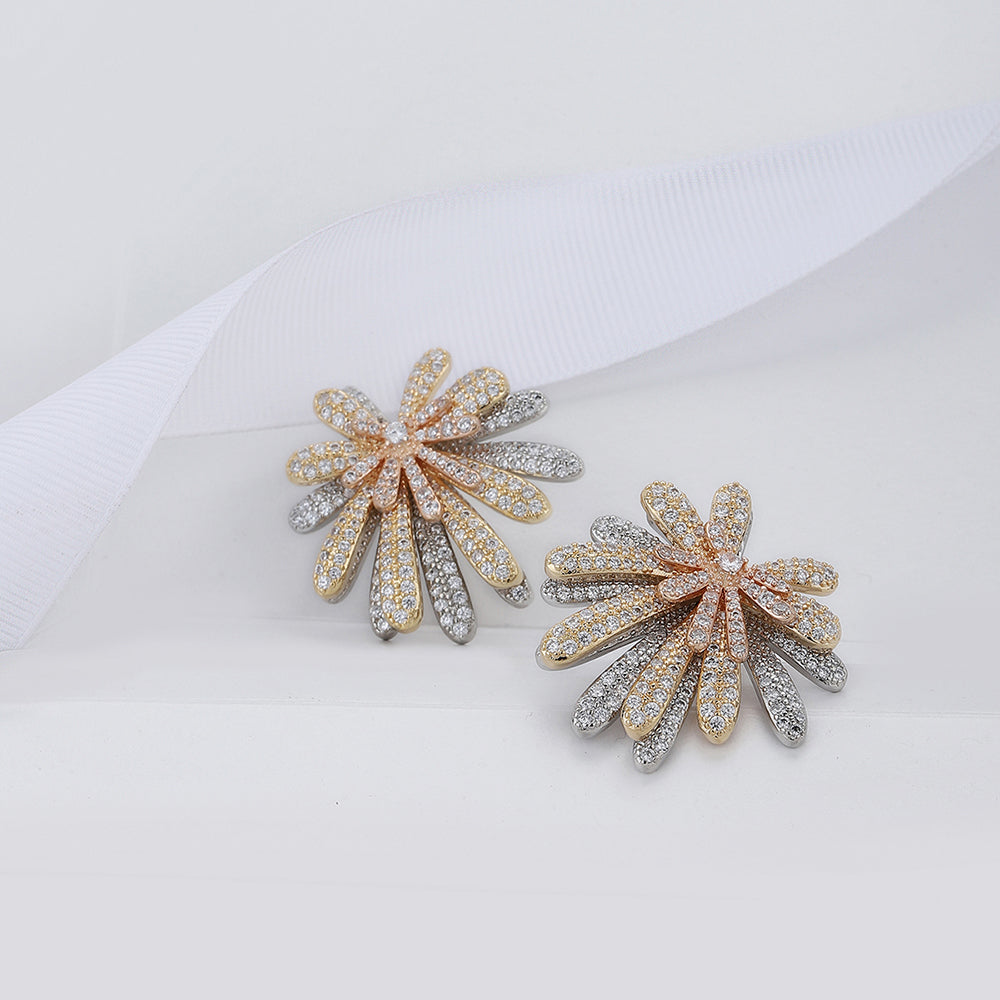 Carlton London Premium Jwlry-Gold &amp; Silver Toned Cz Studded Gold-Plated Floral Handcrafted Studs Earrings Fje4143
