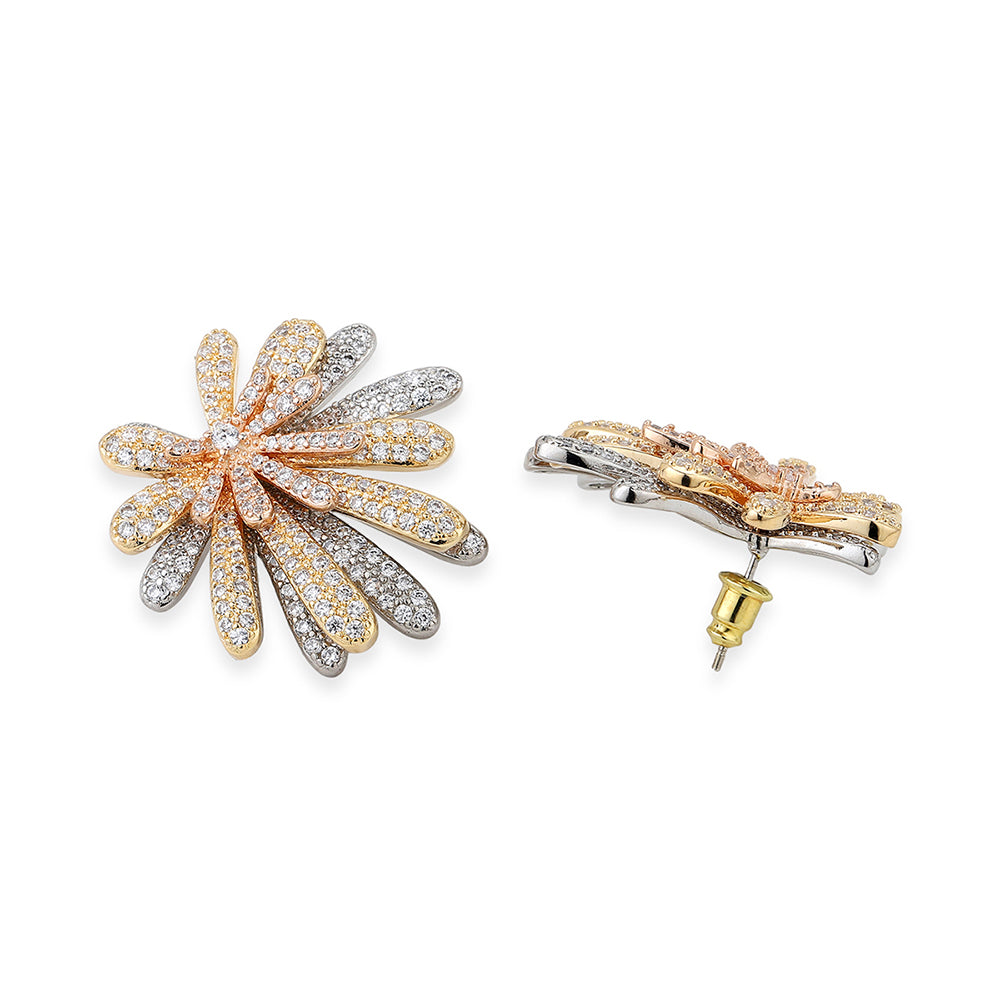 Carlton London Premium Jwlry-Gold &amp; Silver Toned Cz Studded Gold-Plated Floral Handcrafted Studs Earrings Fje4143