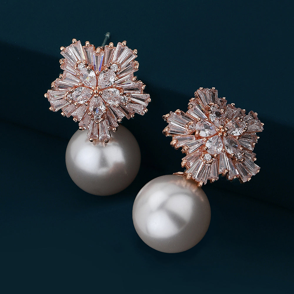 Carlton London Premium Jwlry-Rose Gold &amp; White Toned Pearls Studded Rose Gold-Plated Floral Shaped Handcrafted Drop Earrings Fje4147