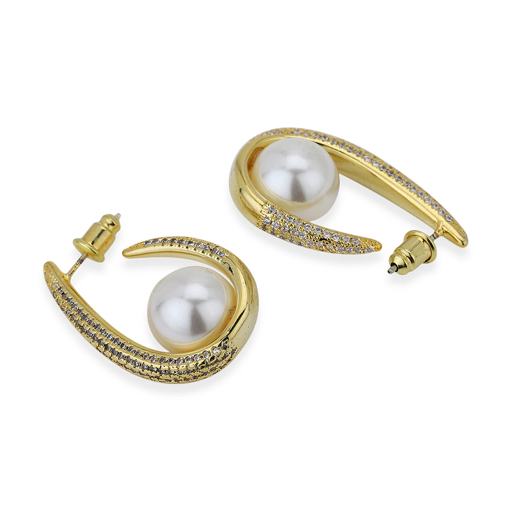 Carlton London Premium Jwlry-Gold &amp; White Toned Pearls Studded Gold-Plated Teardrop Shaped Handcrafted Half Hoop Earrings FJE4148