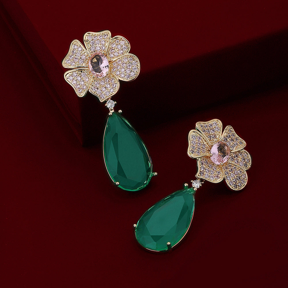 Carlton London Premium Jwlry-Gold Green Toned Cz Studded Gold-Plated Teardrop Shaped Handcrafted Drop Earrings Fje4150