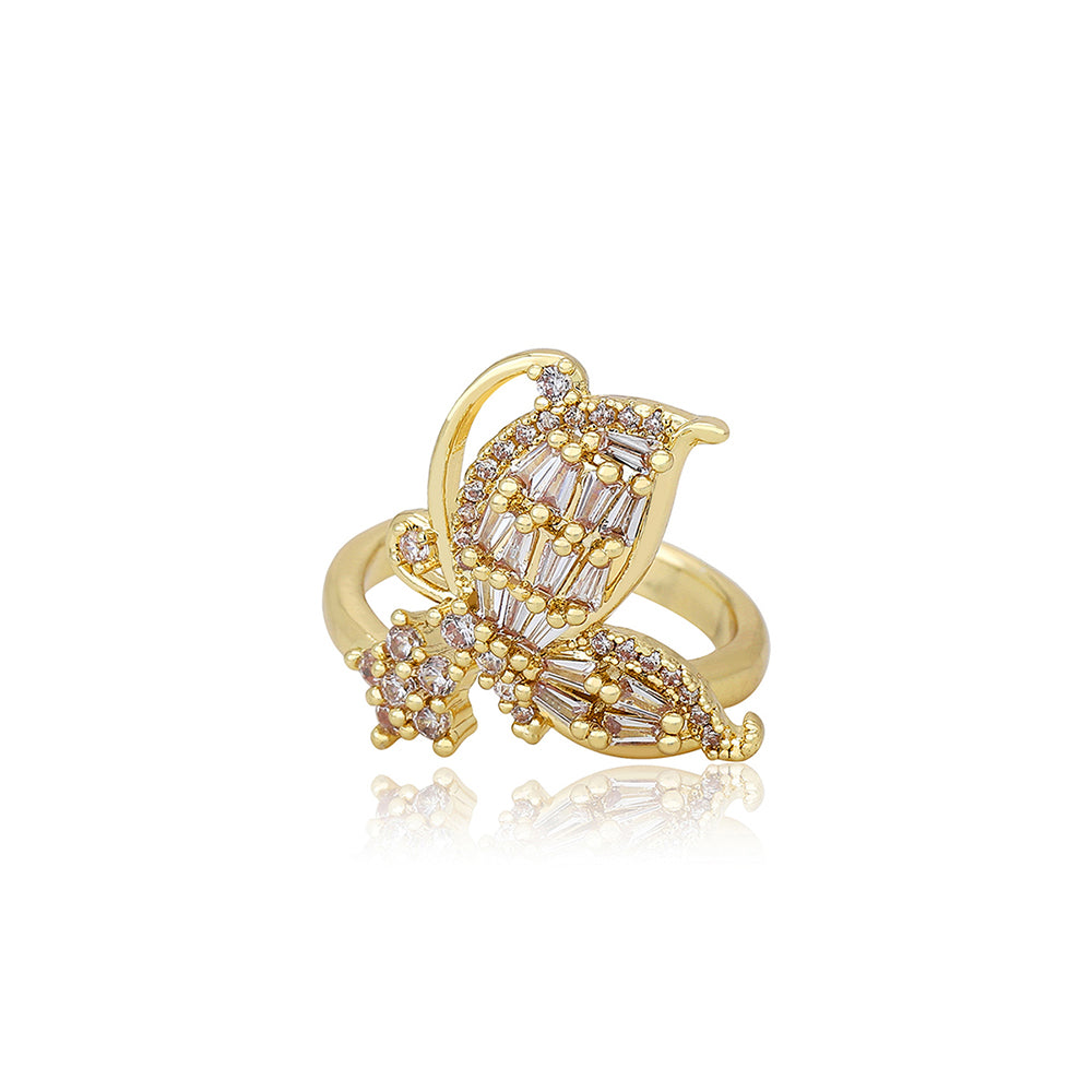 Carlton London Premium Gold Plated Cz Studded Contemporary Adjustable Finger Ring For Women