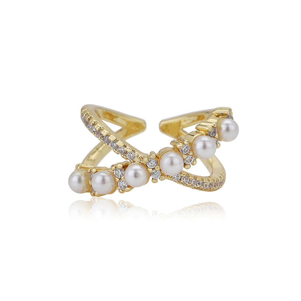 Carlton London Premium Gold Plated Pearl &amp; Cz Studded Contemporary Adjustable Finger Ring For Women