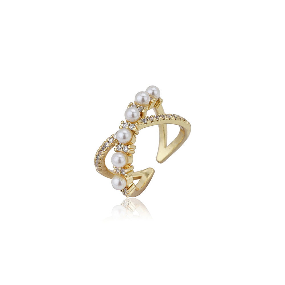 Carlton London Premium Gold Plated Pearl &amp; Cz Studded Contemporary Adjustable Finger Ring For Women