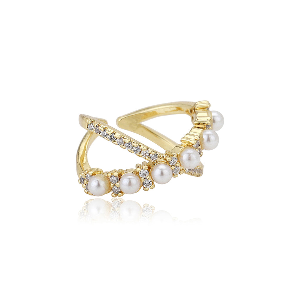 Carlton London Premium Gold Plated Pearl &amp; Cz Studded Contemporary Adjustable Finger Ring For Women