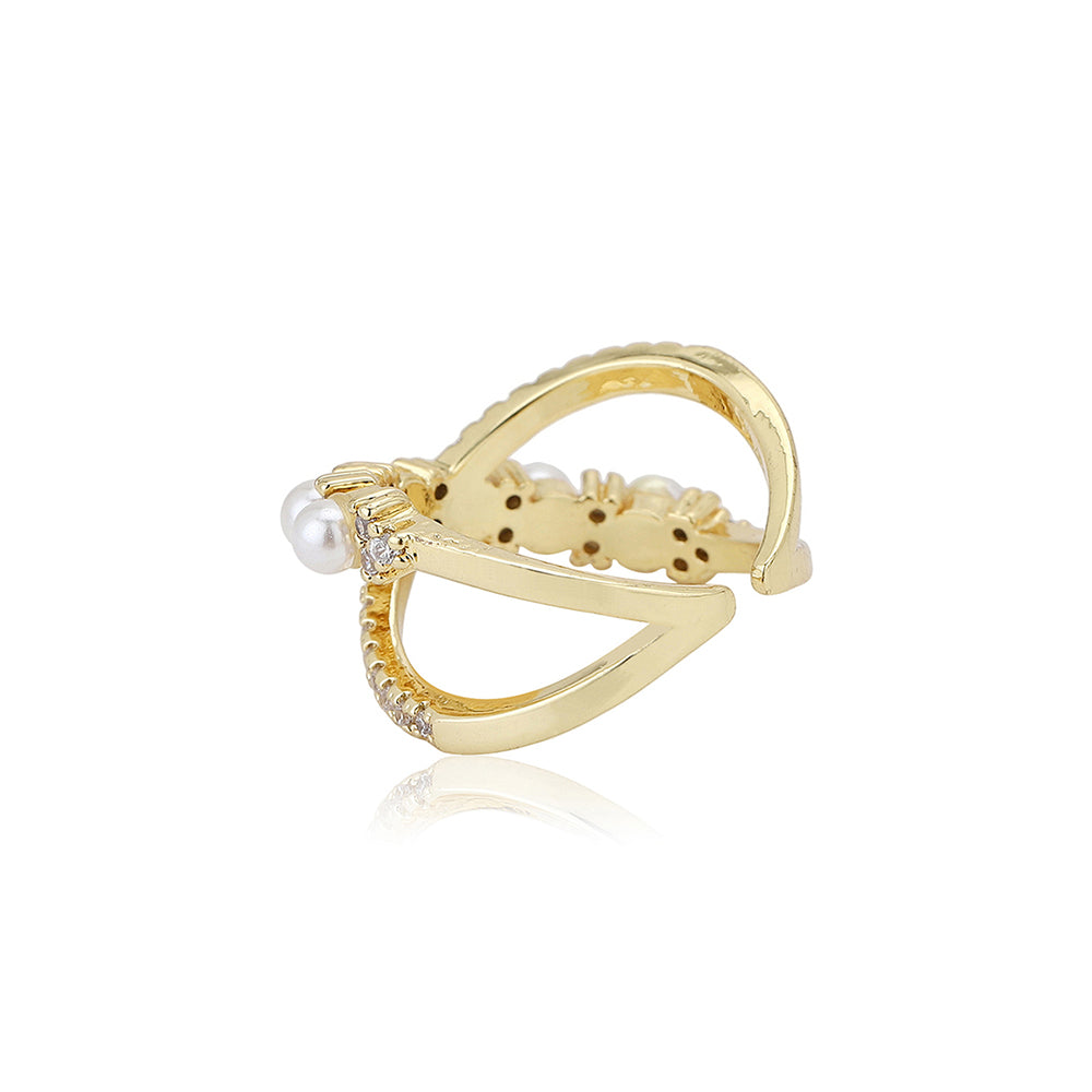 Carlton London Premium Gold Plated Pearl &amp; Cz Studded Contemporary Adjustable Finger Ring For Women