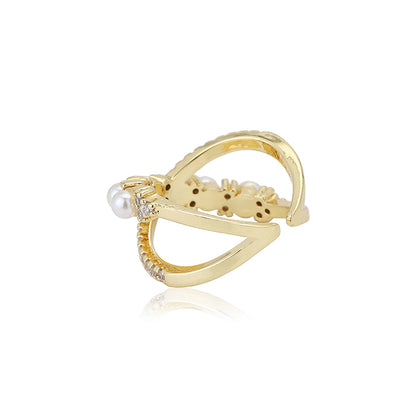 Carlton London Premium Gold Plated Pearl &amp; Cz Studded Contemporary Adjustable Finger Ring For Women