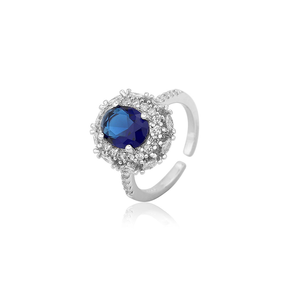 Carlton London Premium Rhodium Plated Silver Toned Blue Stone Studded Adjustable Ring For Women