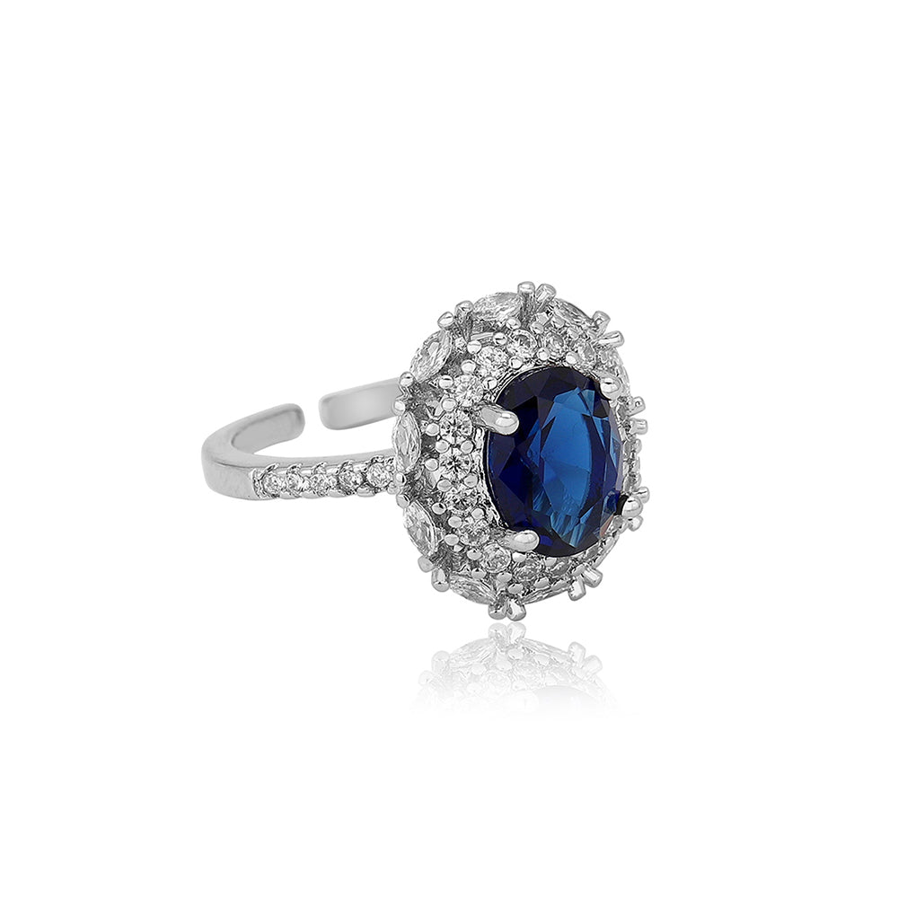 Carlton London Premium Rhodium Plated Silver Toned Blue Stone Studded Adjustable Ring For Women
