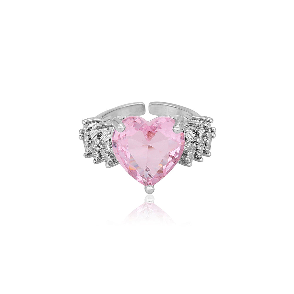 Carlton London Premium Rhodium Plated Silver Toned Pink Cz Stone Studded Adjustable Finger Ring For Women