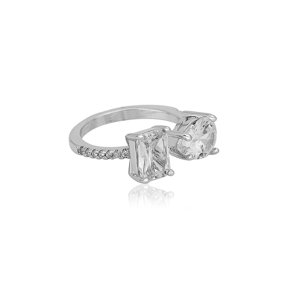 Carlton London Premium Rhodium Plated Silver Toned Cz Stone Studded Adjustable Finger Ring For Women
